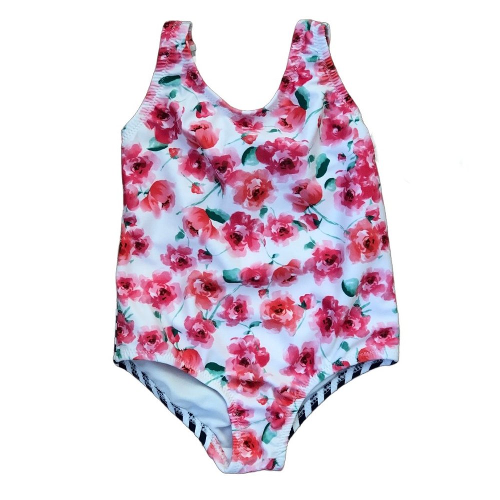 NWT | Tommy Bahama | Pink Roses w/Blue Striped One-Piece Swimsuit | Size 12M